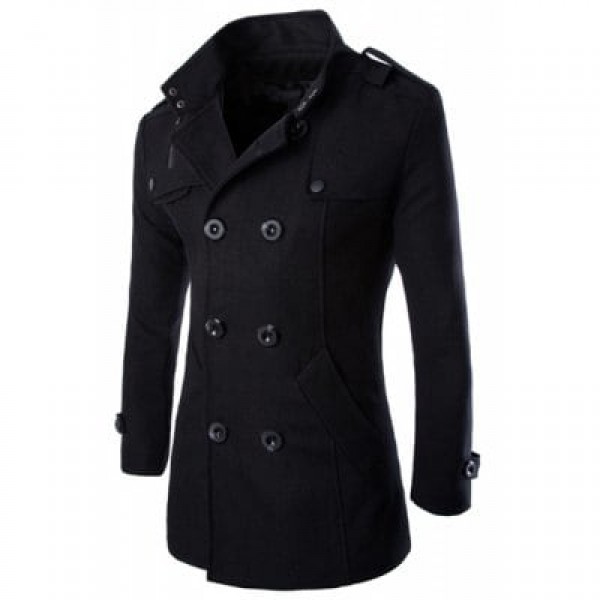 Turn-Down Collar Epaulet Design Double Breasted Long Sleeve Woolen Men's Peacoat
