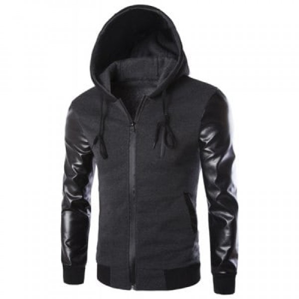 Vogue Drawstring Hooded PU Leather Spliced Zipper Design Long Sleeves Men's Slimming Jacket
