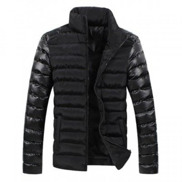 Leather Spliced Zippered Long Sleeve Stand Collar Down Coat For Men
