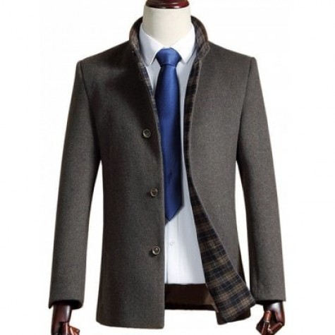 Back Slit Stand Collar Woolen Blend Coat
