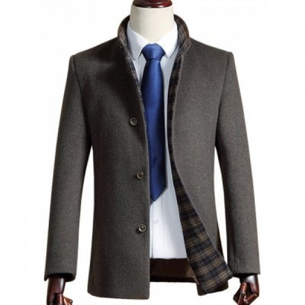 Back Slit Stand Collar Woolen Blend Coat
