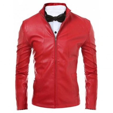 Stand Collar Zip Up Faux Leather Jacket
