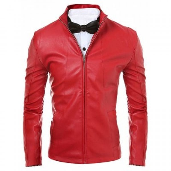 Stand Collar Zip Up Faux Leather Jacket
