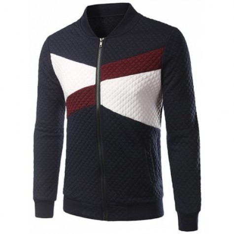 Quilting Plaid Inset Zip Up Jacket
