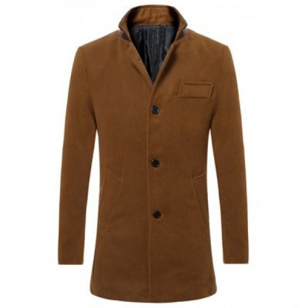 Stand Collar Button Up Back Vent Woolen Coat
