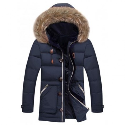Zipper Pocket Quilted Coat with Fur Trim Hood