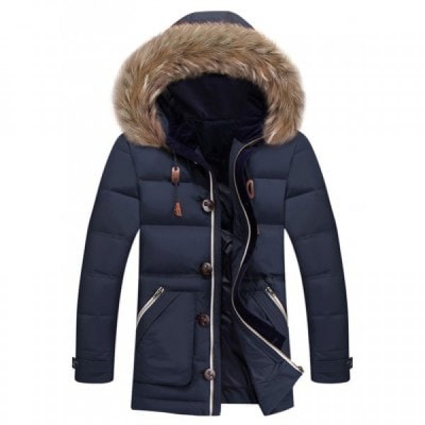 Zipper Pocket Quilted Coat with Fur Trim Hood