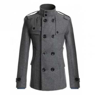 Stand Collar Zipper Design Double Breasted Woolen Blends Coat
