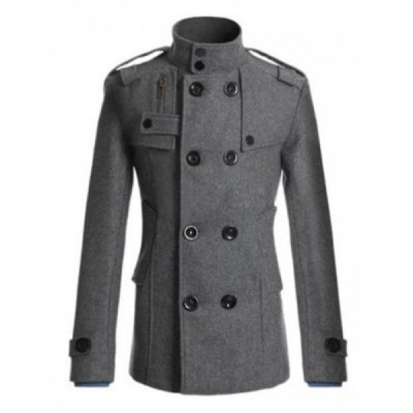 Stand Collar Zipper Design Double Breasted Woolen Blends Coat
