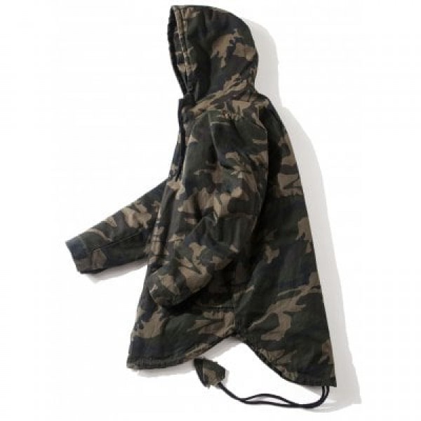 Drawstring High Low Hem Camo Hooded Jacket

