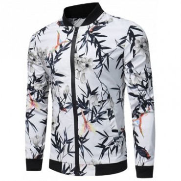 Bird and Flower Print Zip Up Jacket
