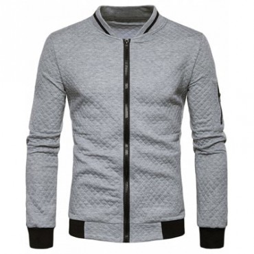 Stand Collar Rhomboids Emboss Zip Up Jacket
