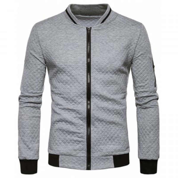 Stand Collar Rhomboids Emboss Zip Up Jacket
