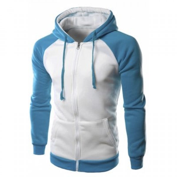 Slim Fit Long Sleeves Color Block Zipper Light Blue Hoodie men
