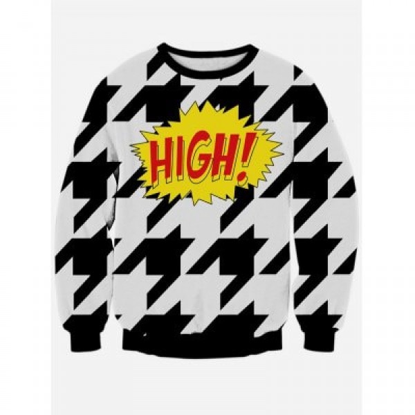Long Sleeve Houndstooth Crew Neck Black and White Sweatshirt

