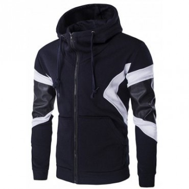 PU Leather Splicing Front Pocket Design Hoodie
