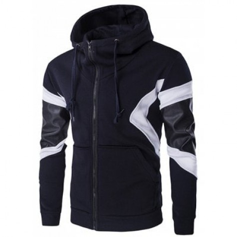 PU Leather Splicing Front Pocket Design Hoodie
