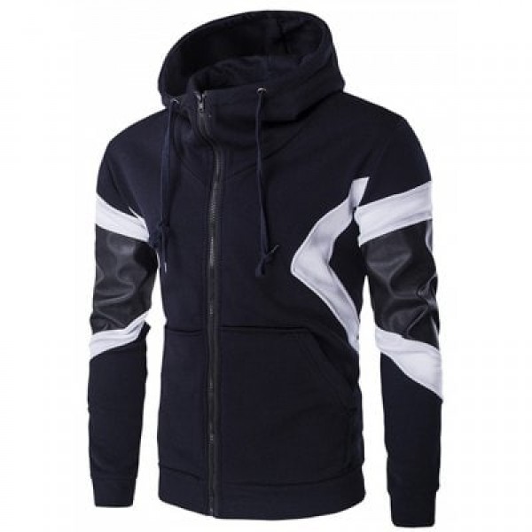 PU Leather Splicing Front Pocket Design Hoodie
