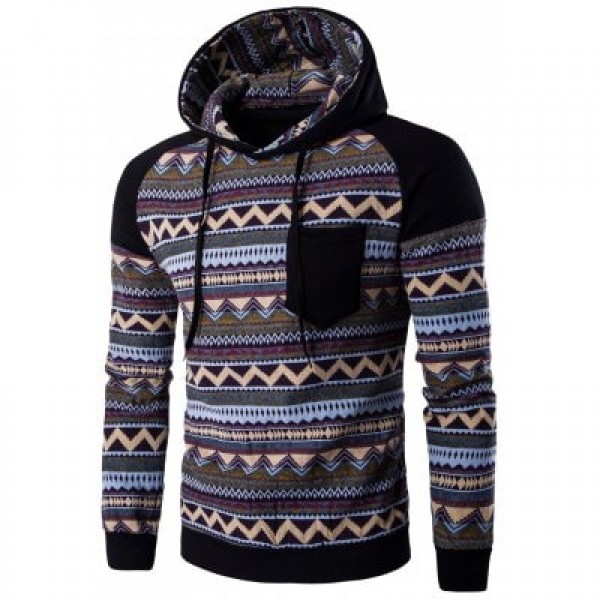 Color Block Tribal Printed Pocket Hooded Raglan Sleeve Hoodie
