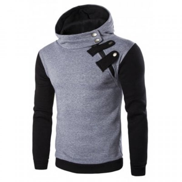 Inclined Zipper Color Block Hooded Long Sleeves Hoodie For Men
