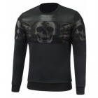 Faux Leather Insert Paneled Crew Neck Skull Sweatshirt
