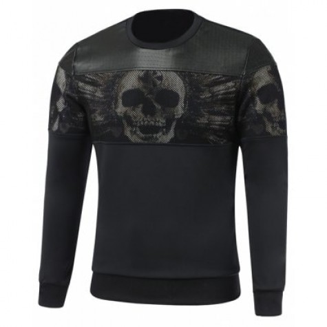 Faux Leather Insert Paneled Crew Neck Skull Sweatshirt
