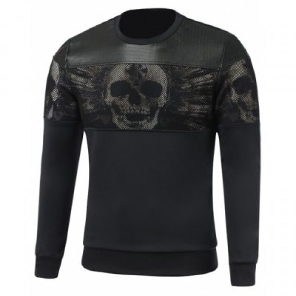 Faux Leather Insert Paneled Crew Neck Skull Sweatshirt
