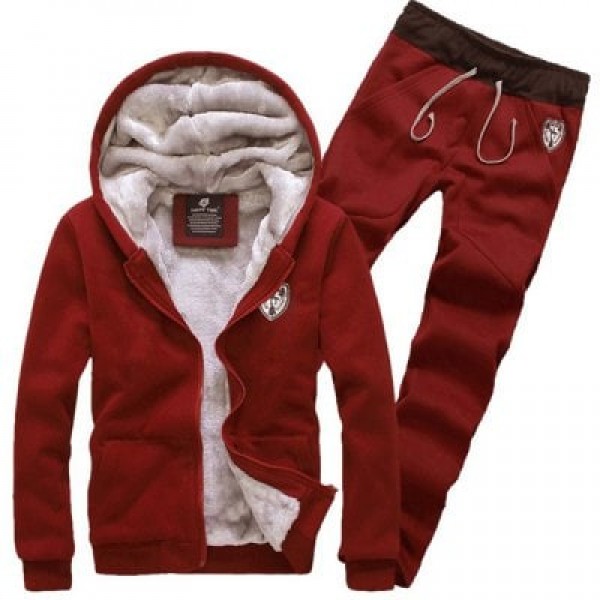 Hooded Badge Embroidery Long Sleeve Sherpa Hoodie Suit(Hoodie+Pants) for Men
