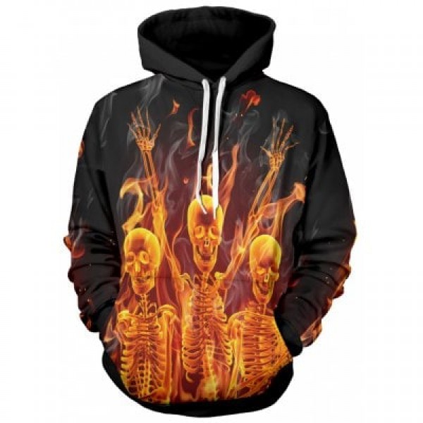 Hooded 3D Flame Skull Print Long Sleeve Hoodie
