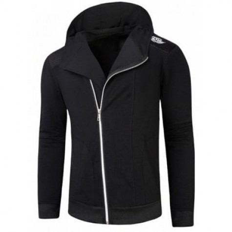 Hooded Rib Splicing Oblique Zip-Up Hoodie
