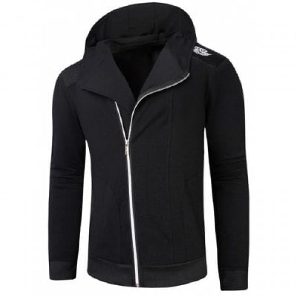 Hooded Rib Splicing Oblique Zip-Up Hoodie
