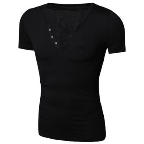 Modish V-Neck Solid Color Button Embellsidhed Short Sleeve Men's T-Shirt
