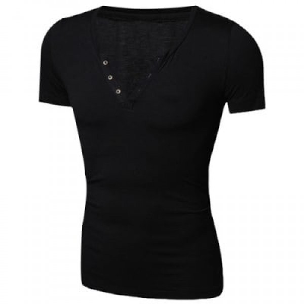 Modish V-Neck Solid Color Button Embellsidhed Short Sleeve Men's T-Shirt
