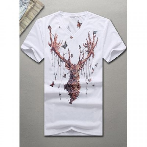 V-Neck 3D Butterfly and Elk Printed Short Sleeve T-Shirt For Men
