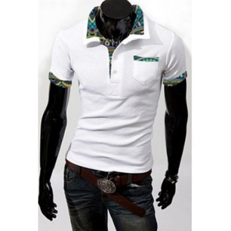 Turn-Down Collar Patch Pocket Floral Print Splicing Short Sleeve Men's Polo Shirt
