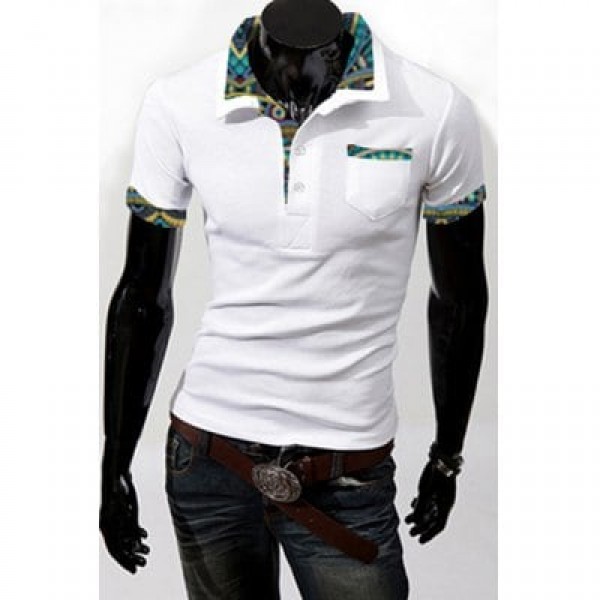 Turn-Down Collar Patch Pocket Floral Print Splicing Short Sleeve Men's Polo Shirt
