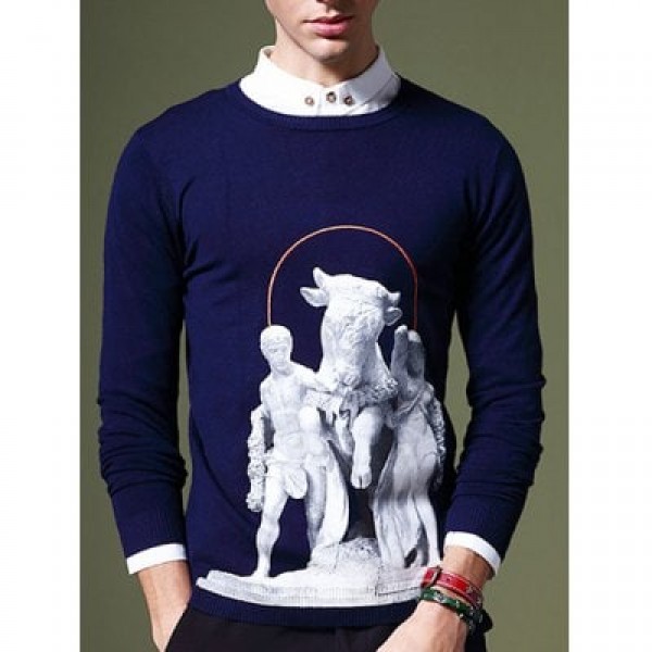 Fashion Round Neck 3D Statue Pattern Slimming Long Sleeves Sweater For Men
