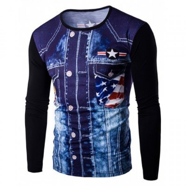 Round Neck 3D Eagle Flag Printing Long Sleeves T-Shirt For Men
