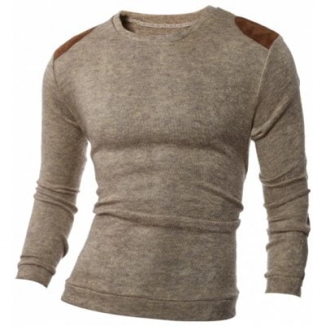 Shoulder Patch Design Round Neck Ribbed Sweater
