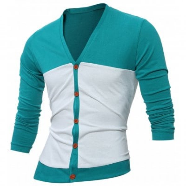 V Neck Button Up Two Tone Cardigan
