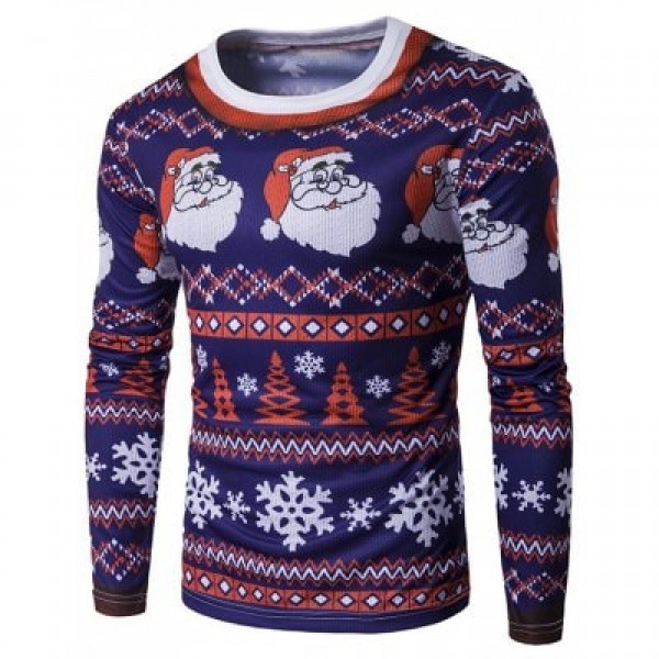 Crew Neck 3D Father Christmas and Snowflake Print T-Shirt
