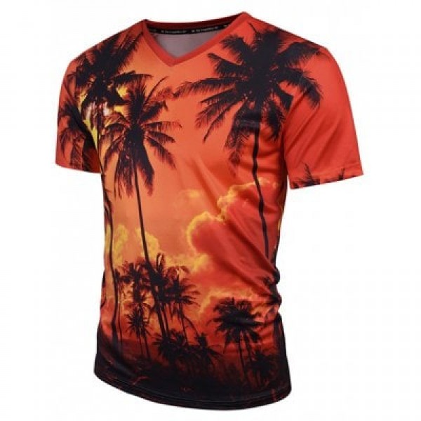 Coconut Tree Print V Neck Hawaiian Tee

