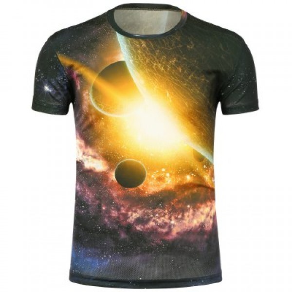 Crew Neck 3D Planet Print Galaxy T-Shirt
