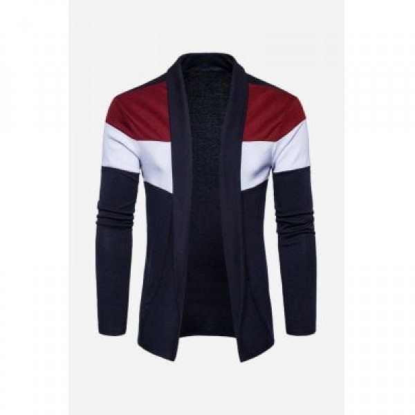 Shawl Collar Cotton Blends Color Block Cardigan
