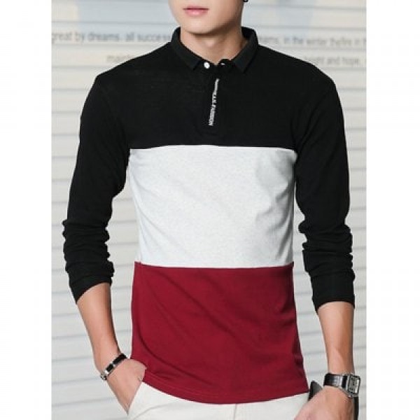 Long Sleeve Color Block Letter Printed Polo Shirt
