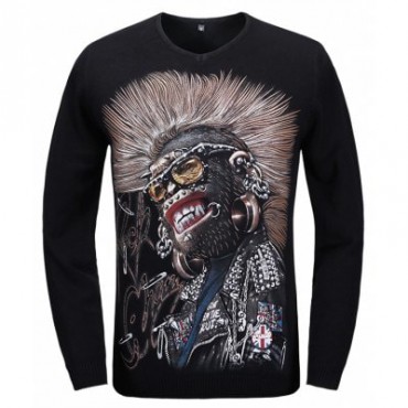 Cool Punk Monkey Pattern V Neck Long Sleeve Sweater
