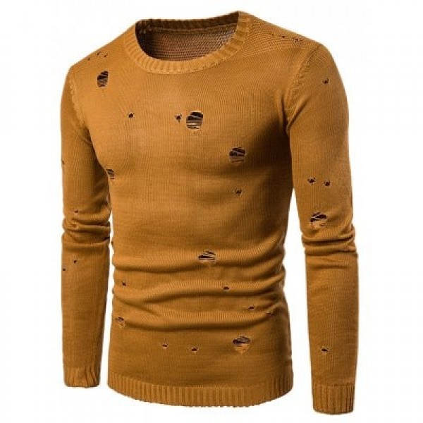 Crew Neck Knit Blends Distressed Sweater
