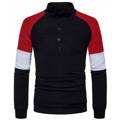Stand Collar Buttons Color Block Panel Sweater

