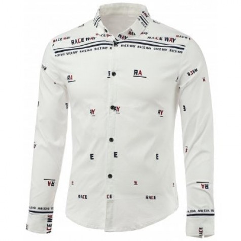Letters Print Turn-Down Collar Long Sleeve Shirt
