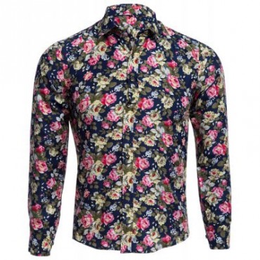 Floral Print Turn Down Collar Long Sleeve Men Shirt
